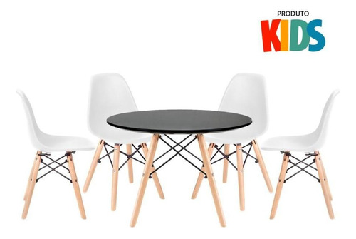 Kit Mesa Eames Infantil E 4 Cadeiras Junior   Brincadoteca Cor Da Tampa Mesa Preto Com Cadeiras Branco