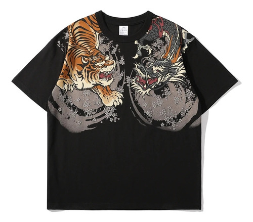 Camiseta Vintage Con Estampado De Dragón Tigre De Estilo Jap