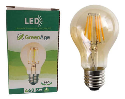 Lâmpada Filamento Led A60 6w Âmbar E27 Bivolt Retrô Vintage Decorativo Branco Quente - Green Age