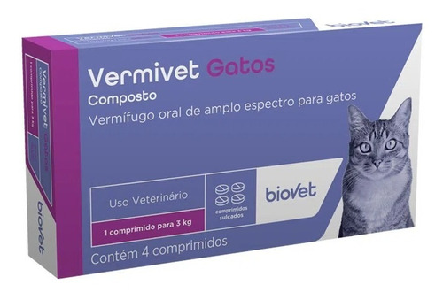 Vermífugo Vermivet Biovet 300 Mg Para Gatos - 2 Comprimidos