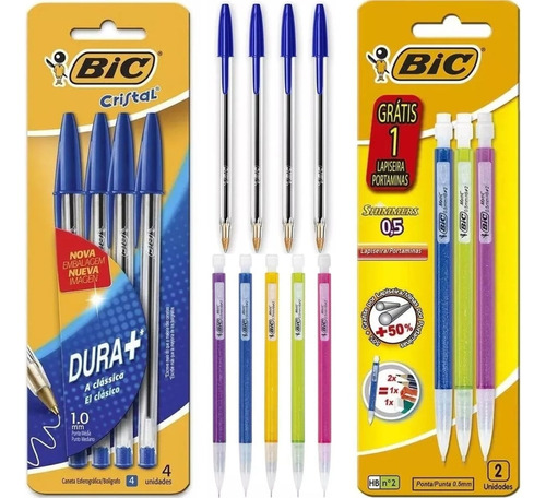 Kit Escolar 4 Canetas Azul Bic + 3 Lapiseiras Bic 0,5mm