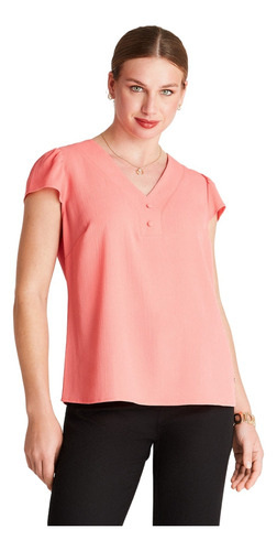 Blusa Manga Corta Con Aplicación Encaje Espalda - Coral