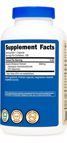 Nutricost Shatavari Orgánico 600mg 180 Cápsulas Sabor Sin Sabor