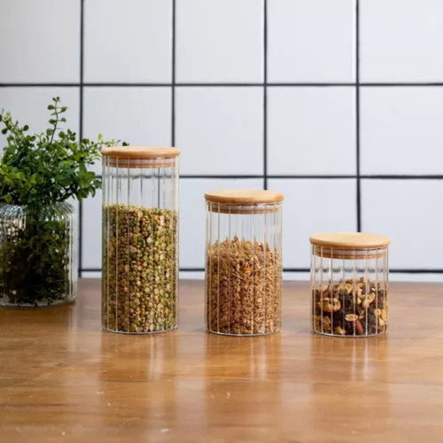 Kit 3 Potes Hermético Vidro Borossilicato Com Tampa De Bambu