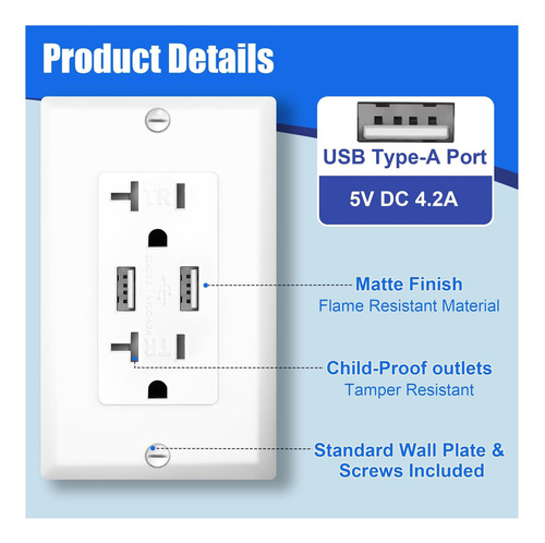 Enchufes De Pared Usb Purcopper, Paquete De 2, 20 Amperios,