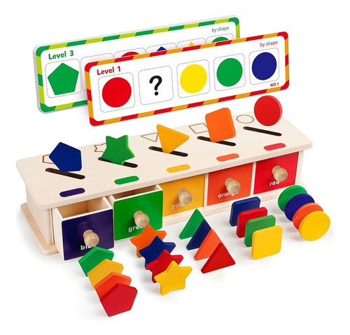 Coogam Montessori Toys Wooden Color Shape Sorting Box Game G