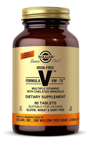 Multivitamínico Vm-75 Fórmula Sin Hierro Solgar 90 Tabletas