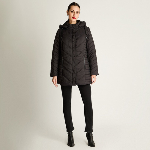 Parka Larga Con Cierre Frontal Y Gorro Negro Mujer Moda Invi
