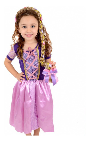 Fantasia Vestido Infantil Princesa Rapunzel Com Trança