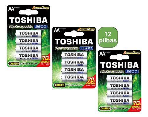 Kit C/12 Pilhas Recarregáveis Aa 2600 Mah Toshiba 2a Normal