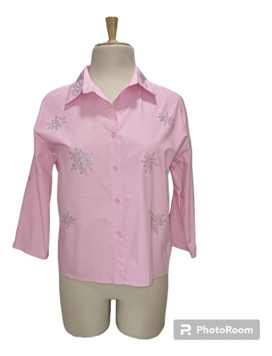 Camisa De Vestir Para Dama Con Brillo Manga 3/4 Rosa8730