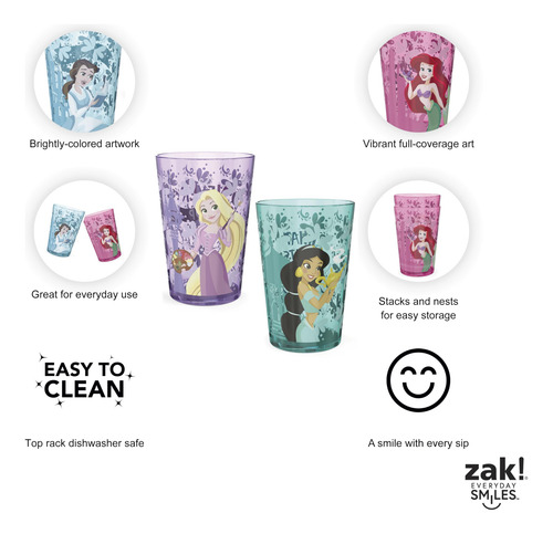 Set De Vasos Zak Designs Disney Princess, 430 Ml, Para Niños