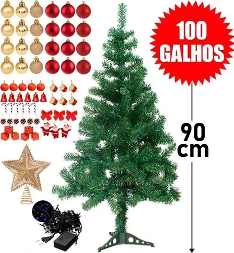 Árvore De Natal Decorada Pequena 90cm Completa + 68 Enfeites Cor Verde