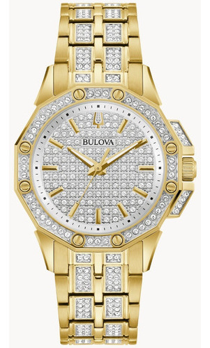 Relógio Bulova Octava Crystals 98l302 Original Lady Strap Color Gold Bezel Cor de fundo dourado Branco