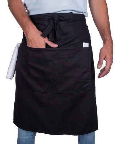 Medio Mandil Reversible Delantal Mesero Chef Gabardina 100% Negro
