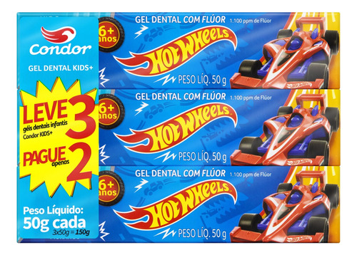 Pasta de dentes infantil Condor Kids+ Hot Wheels Morango  em gel  sem glúten pacote x 3 150 g
