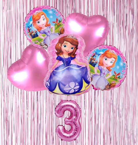 Globos Princesa Sofia + Numero Metalizado + Cortina Metaliza