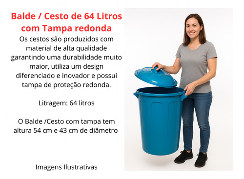 1 Balde Grande Com Tampa Lixo/ Roupa 64l Multiuso Reforçado
