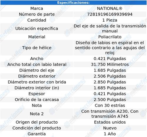 1 Retén Eje Salida T/ M D100 Pickup 66 Al 72 National