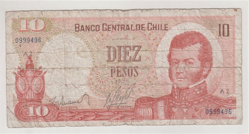 Billete Chile 10 Pesos 1975 B Ohiggins A2 (c85)