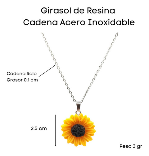 Imagen 3 de 6 de Collar Girasol Mujer Dije Resina Cadena Hombre Acero Plata