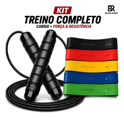 Kit Treino Black Raipe com Corda de Pular e 5 Faixas Elásticas de Resistência