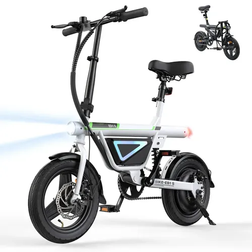 Bicicleta elétrica dobrável Xroymexroy Eb1s branca com farol LED aceso e detalhes em verde, com a versão dobrada no canto superior.