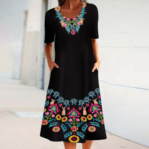 Vestido Casual De Mujer De Media Manga Con Cuello Redondo Es