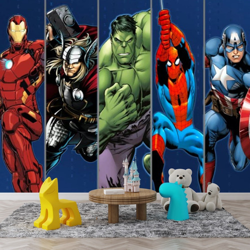 Papel Adesivo Quarto Menino Avengers Vingadores 2,00 X 1,00 Cor Papel de Parede Vingadores Hulk, Thor, Homem de Ferro, Homem Aranha, Capitão America