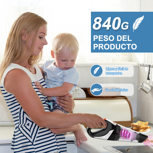 Aspiradora de mano inalámbrica para automóvil, 10 Filtros Lavables, Cepillo Turbo Antipelo, Bajo Ruido 70dB, Ultraligera 1.4lbs, con motor sin escobillas para automóviles, oficina, limpieza del hogar