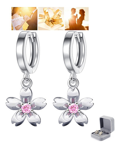 Aros De Flor Rosada Plata 925 Moda Flores Mujer Colgante -