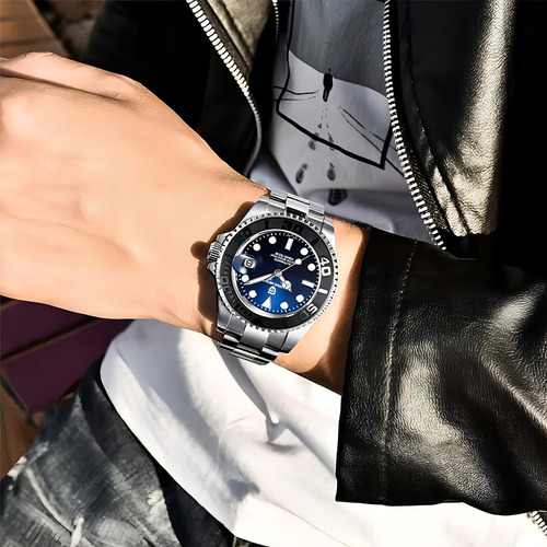 Equipamiento De Reloj Para Hombre De Pagani Design, Cr Color De La Correa Silvery Color Del Bisel Azul Color Del Fondo Negro
