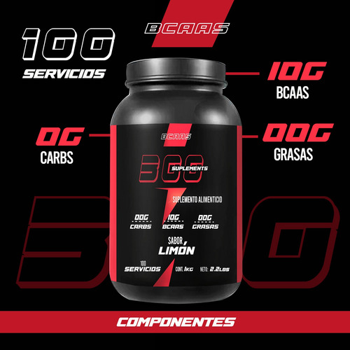 Aminoácidos Bcaas 300 Suplements 1 Kg Sabores 100 Servicios Limón