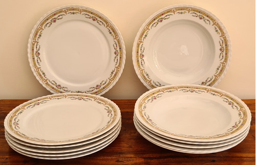 6 Platos Llanos Y 6 Hondos En Porcelana De Bohemia Antigua