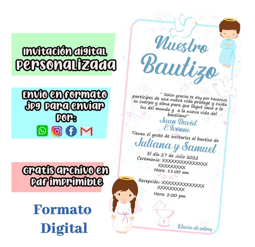 Tarjeta Invitación Digital  Bautizo Niño