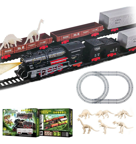Juguete Tren Y Dinosaurio Electrico 32 Pcs Vagones Rieles 