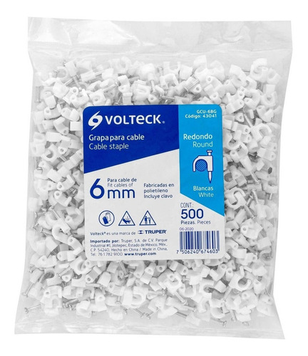 Bolsa Con 500 Grapas Blancas De 6 Mm Para Cable Redondo