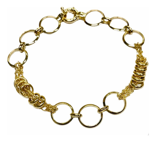 Pulseira Feminina Elos Redondo Com Argolas Ouro 18k 750 19 Cm