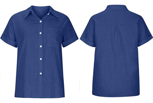 Womens Short Sleeve Cotton Button Down Up Shirt Collared V