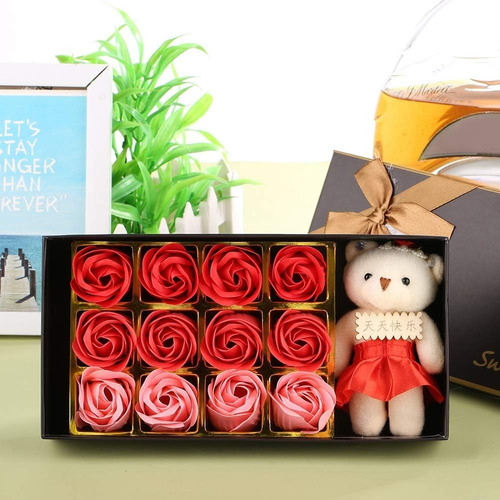 Caja De Para Novia O Mamá Con Oso Y Rosas Aromáticas Color Rojo