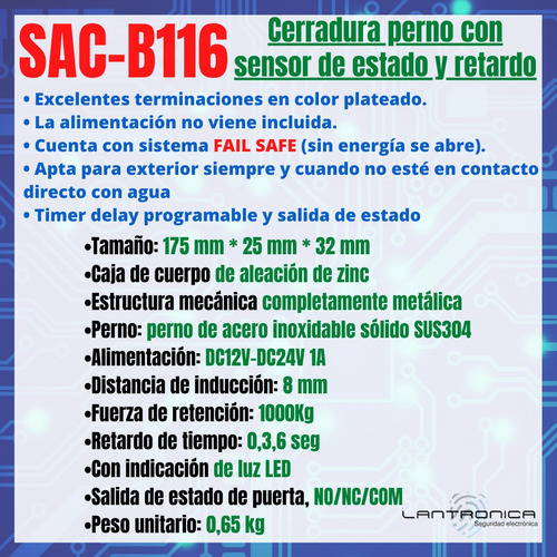 Imagen 2 de 6 de Cerradura Electrica Perno Piston Estado Timer Delay 12vcc