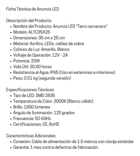 Letrero Led Neon Tarro Cerveza