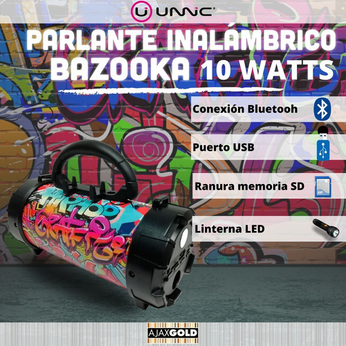 Parlante Bluetooth Portatil Unnic Usb Musica Sd 10w Linterna