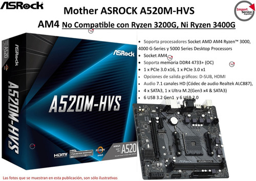 Mother Asrock A520m-hvs Am4 No Compatib C/ryzen 3200g,3400g