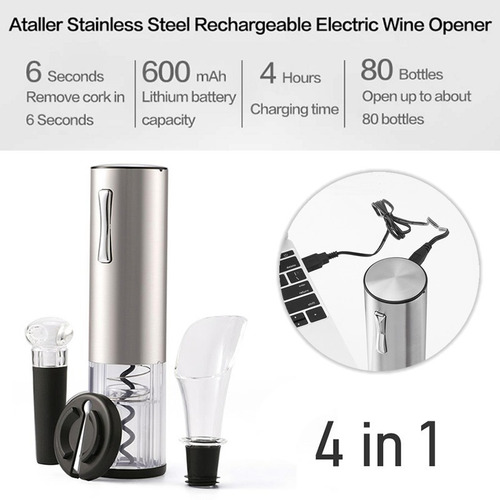 Imagen 4 de 9 de Sacacorchos Eléctrico P/vino 4 En 1 D/acero Inox. Recargable