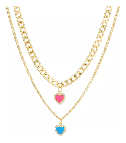 Set 2 Collar Doble Cadena Dije Corazón Mujer