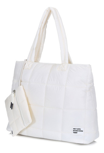 Cartera Bolso Trendy Tote Large Doble Asa Incluye Monedero Color Blanco Diseño De La Tela Liso