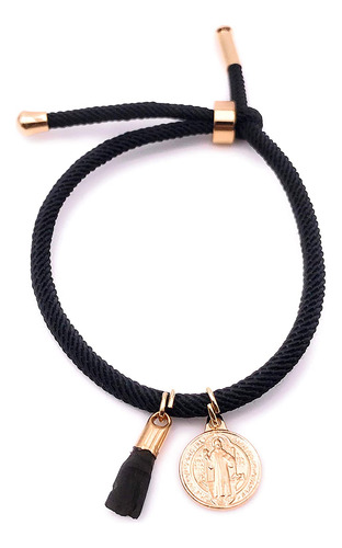 Pulsera De Cuerda Negra Con Medalla De Oro De San Benito, Pi