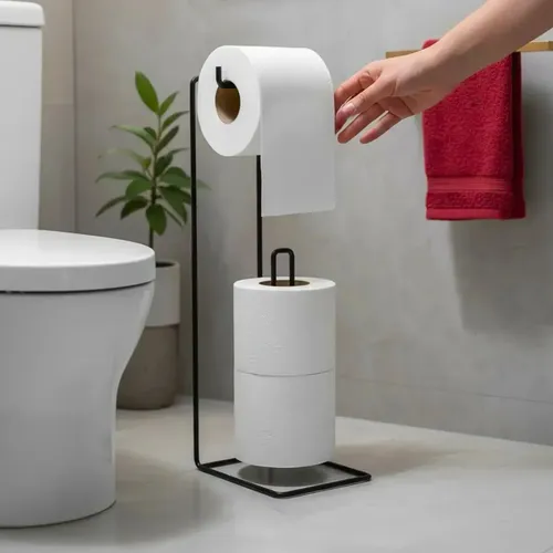 Porta Papel Higiênico De Chão Em Aço Organizador P/ Banheiro Suporte Preto Para Papel - R$ 19,9