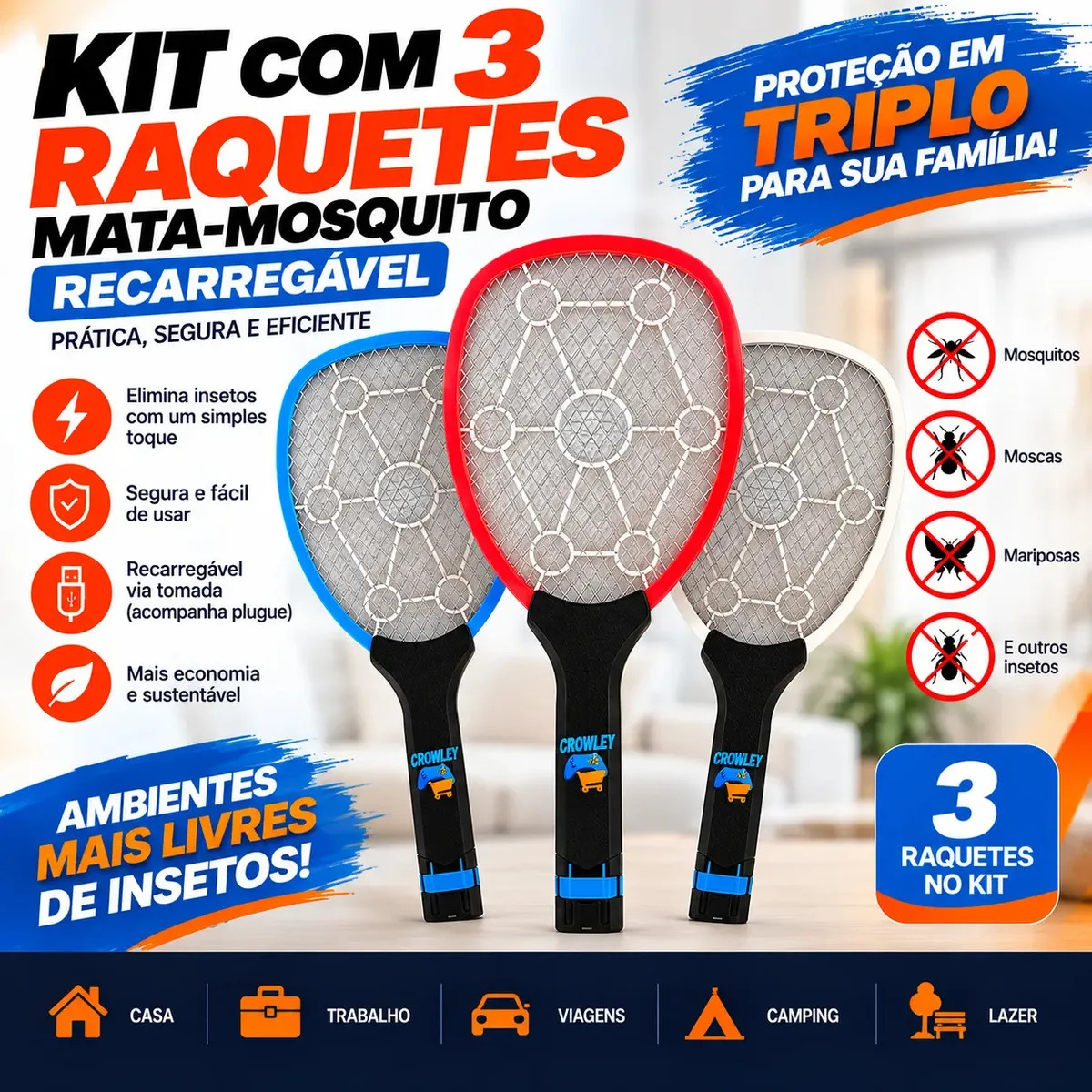 Kit 3 Raquete Elétrica Mata Mosquito Mosca Pernilongo Dengue Insetos Bateria Recarregavel Bivolt - Crowley